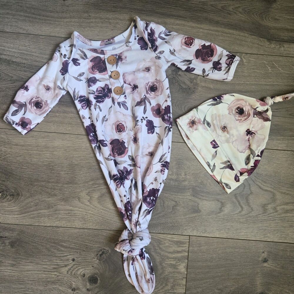 Caden Lane Baby Girl Knotted Sleep Gown Hat Set 0-3M Plum Rose Floral Cottage